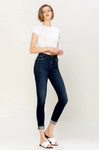 HIGH RISE CUFFED ANKLE SKINNY DENIM PANTS