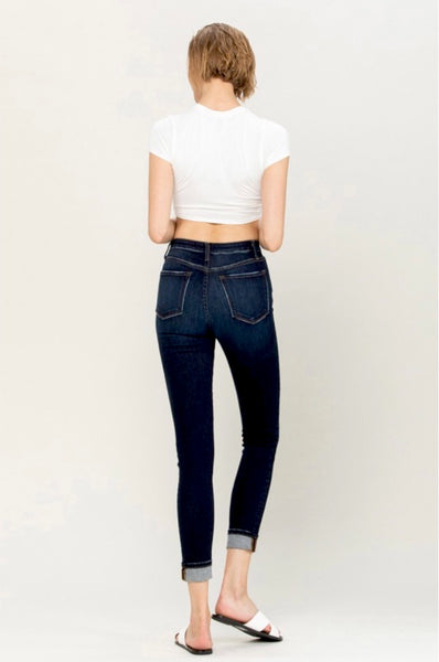 HIGH RISE CUFFED ANKLE SKINNY DENIM PANTS