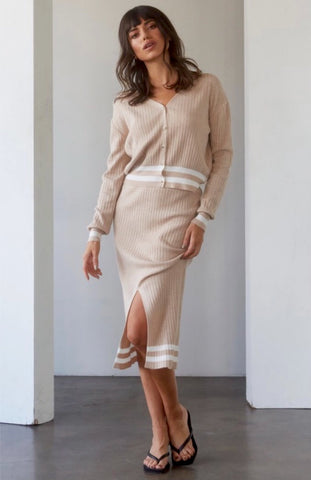 OATMEAL CLARA STRIPED HEM KNIT CARDIGAN SKIRT SET