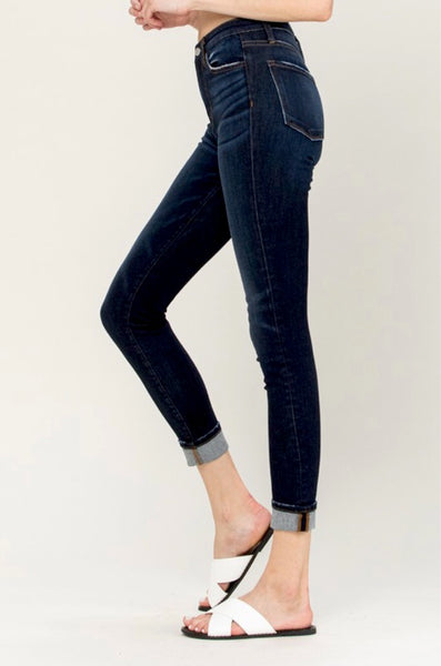 HIGH RISE CUFFED ANKLE SKINNY DENIM PANTS