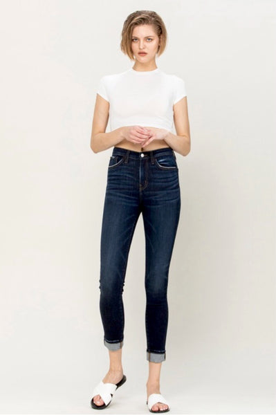 HIGH RISE CUFFED ANKLE SKINNY DENIM PANTS