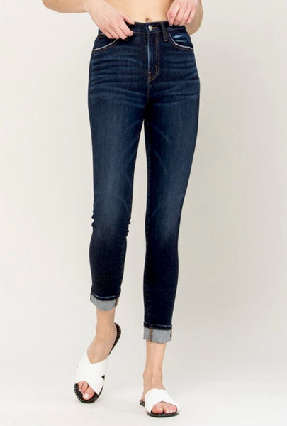 HIGH RISE CUFFED ANKLE SKINNY DENIM PANTS